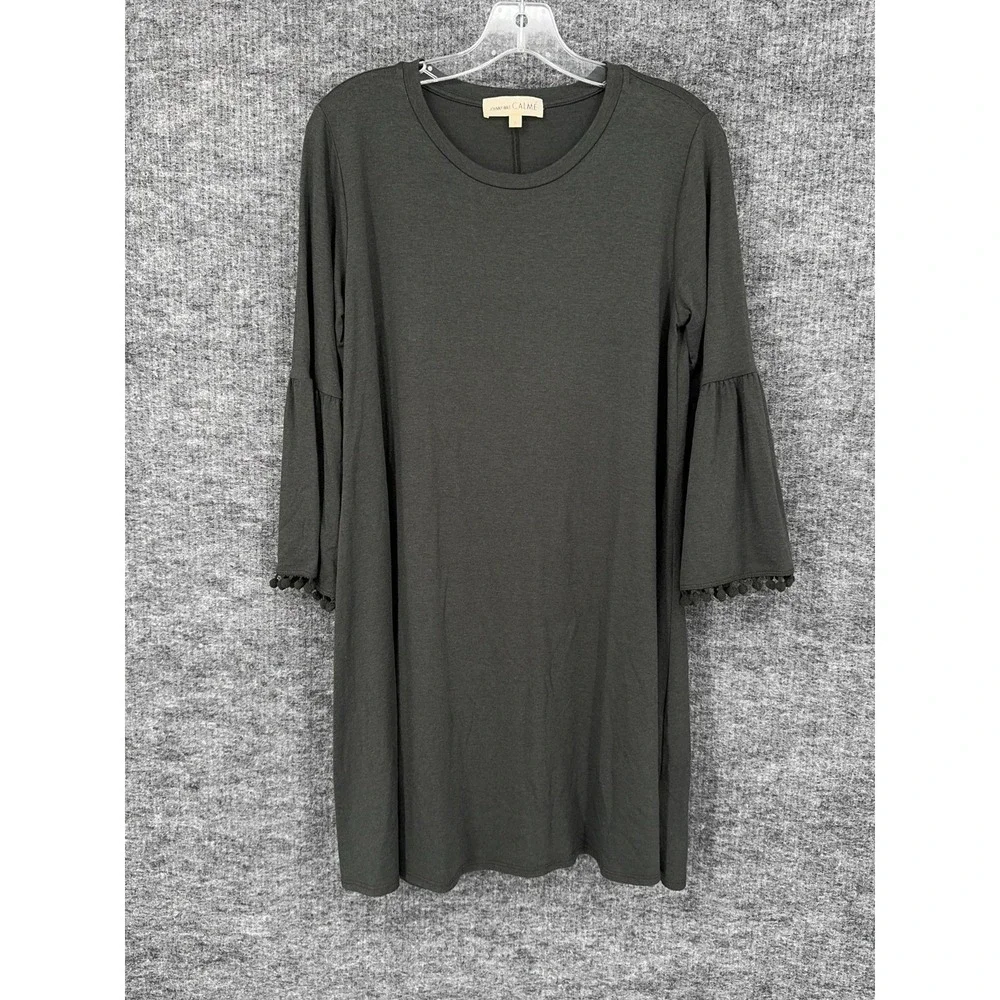 Johnny Was CALME T Shirt Dress Womens Small Mini Green Bell Sleeve Tassel Jersey